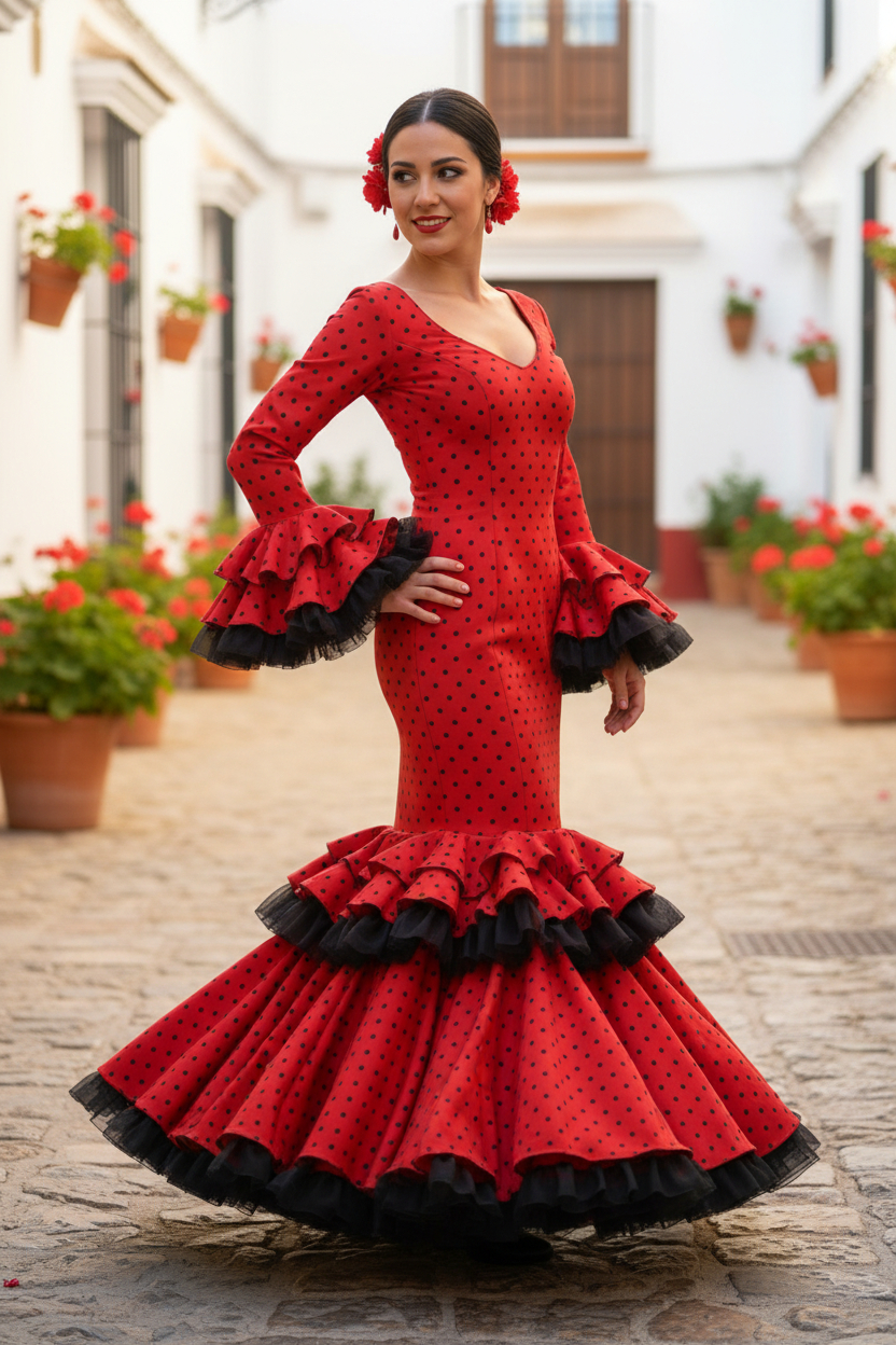 Talla 40. Traje de flamenca Divina rojo lunares negros