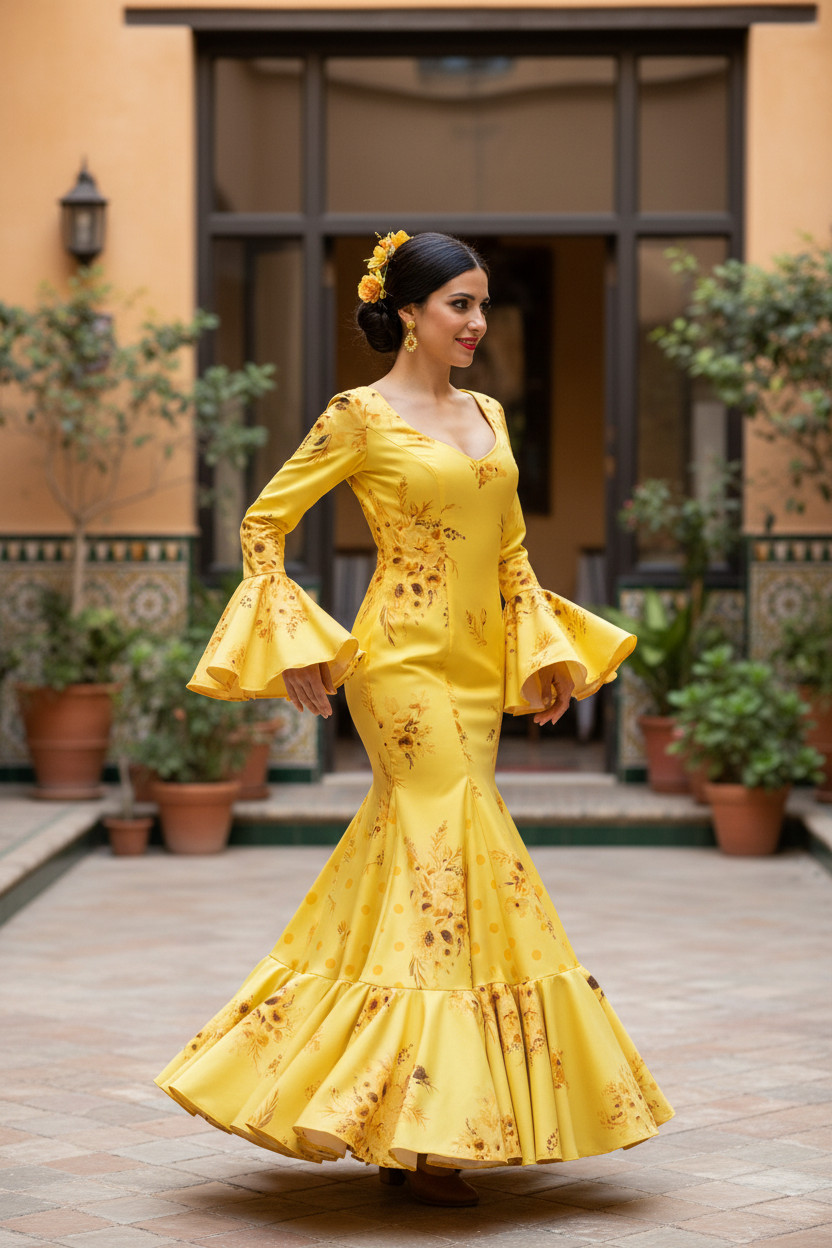 Taille 38. Robe de flamenco Esencia jaune avec des fleurs et des pois