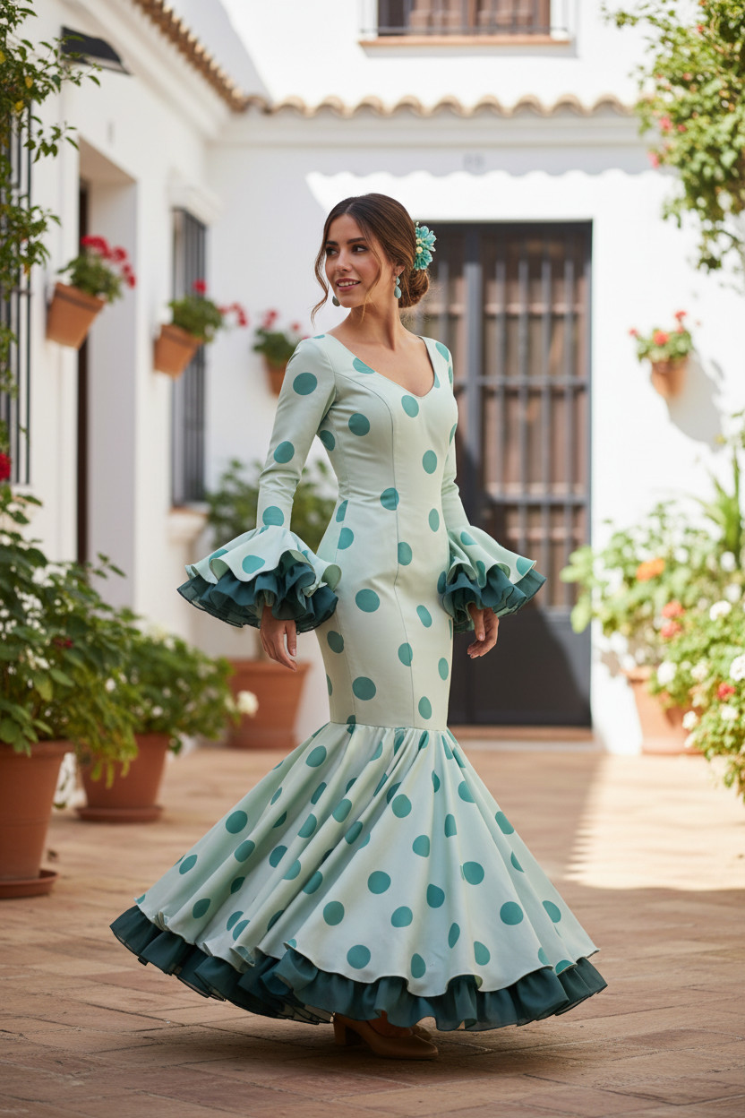 Talla 38. Traje de flamenca Lidia en tonos verdes