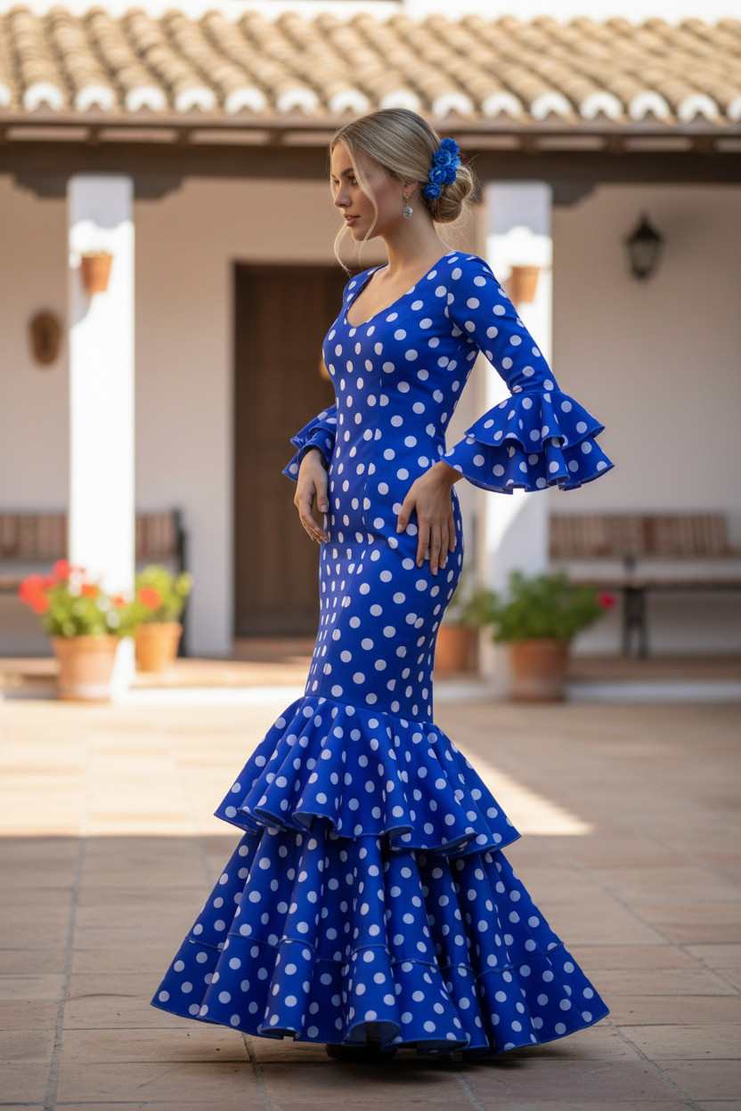 Talla 34. Trajes de Flamenca Modelo Lola. Azulón Lunar Blanco