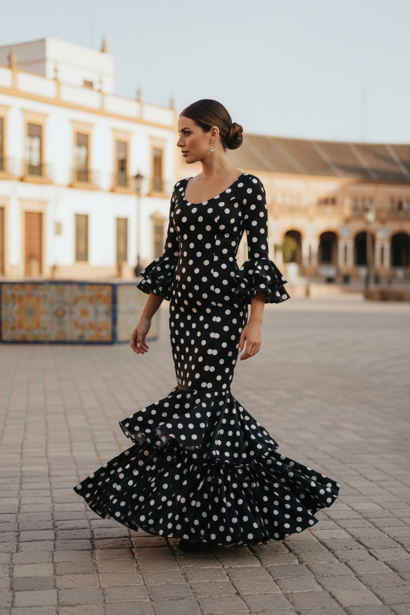 Talla 40. Vestido de Flamenca. Mod. Lola Negro Lunar Blanco