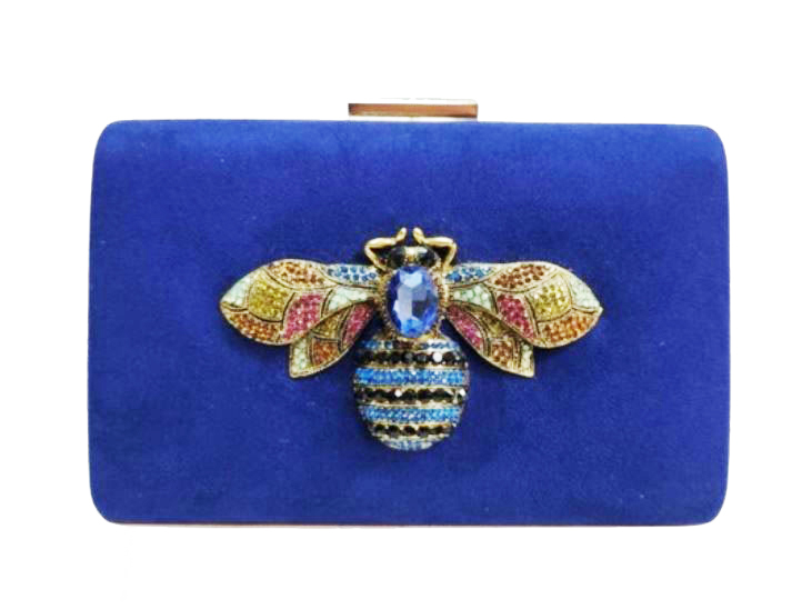 Blue Clutch Bag with Bee Rhinestone Detail and Gold Chain for Wedding Guests