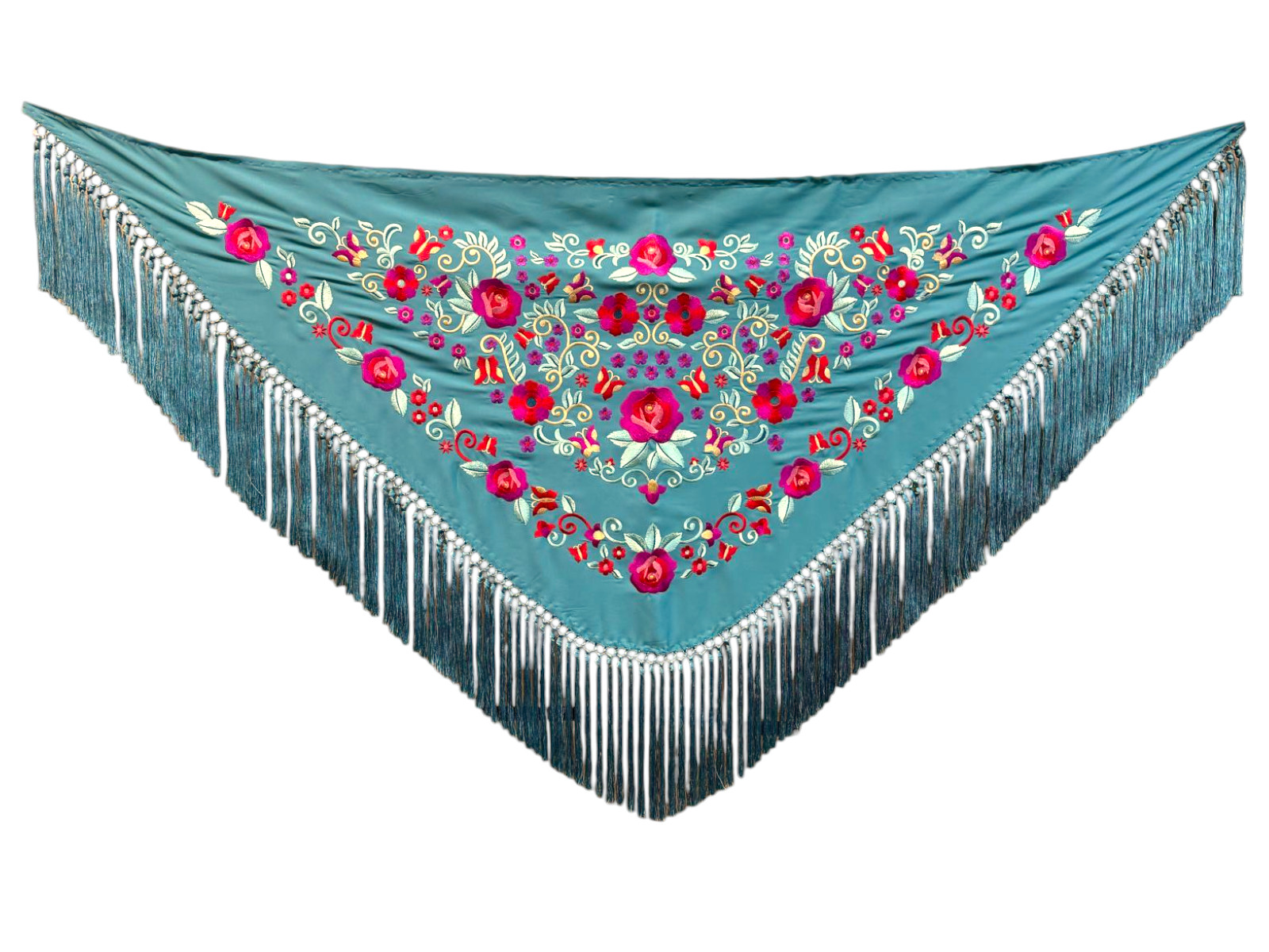 Châle flamenco brodé avec des franges faites à la main en soie