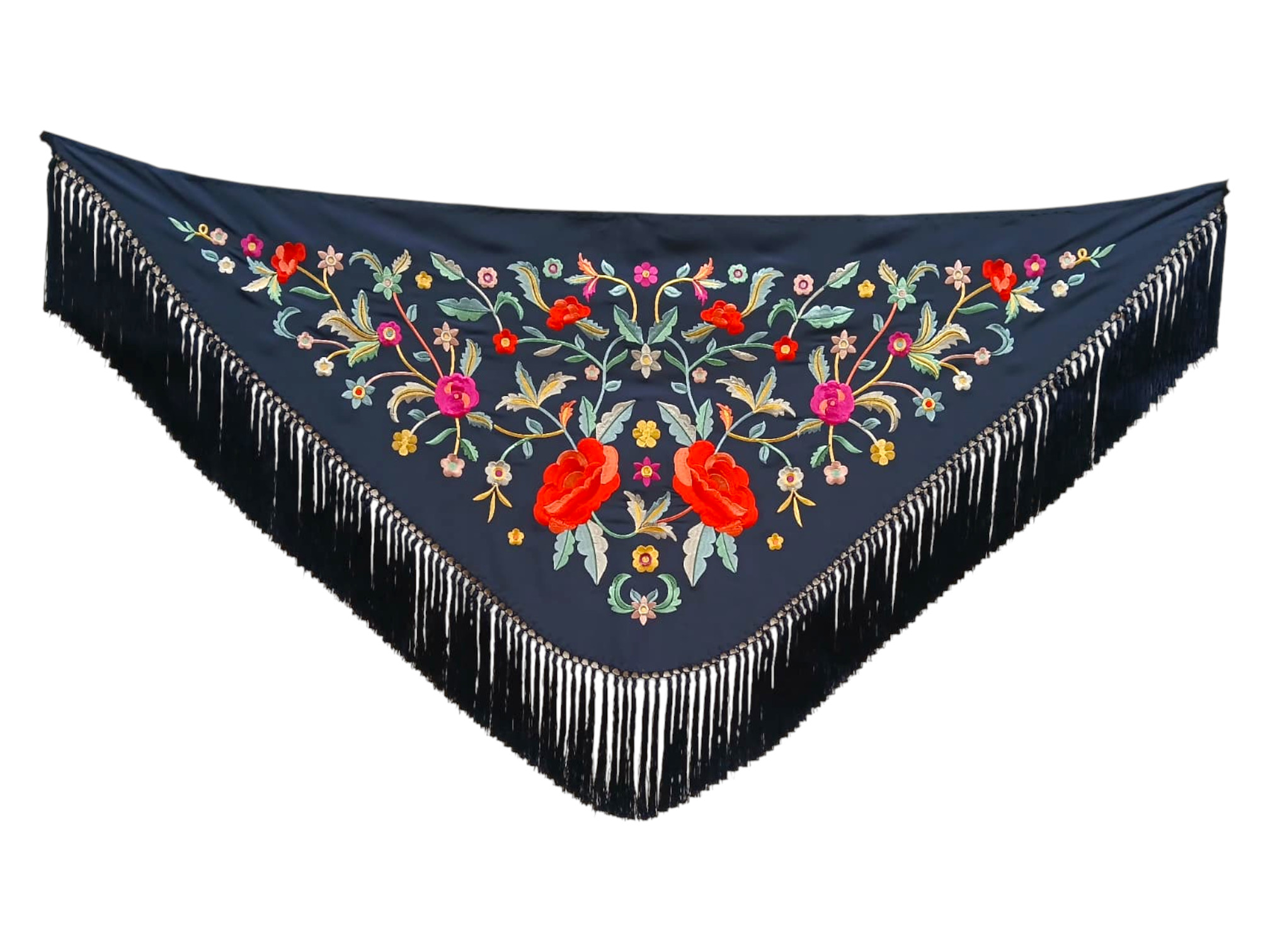 Mantoncillo de flamenca bordado con flecado a mano en seda