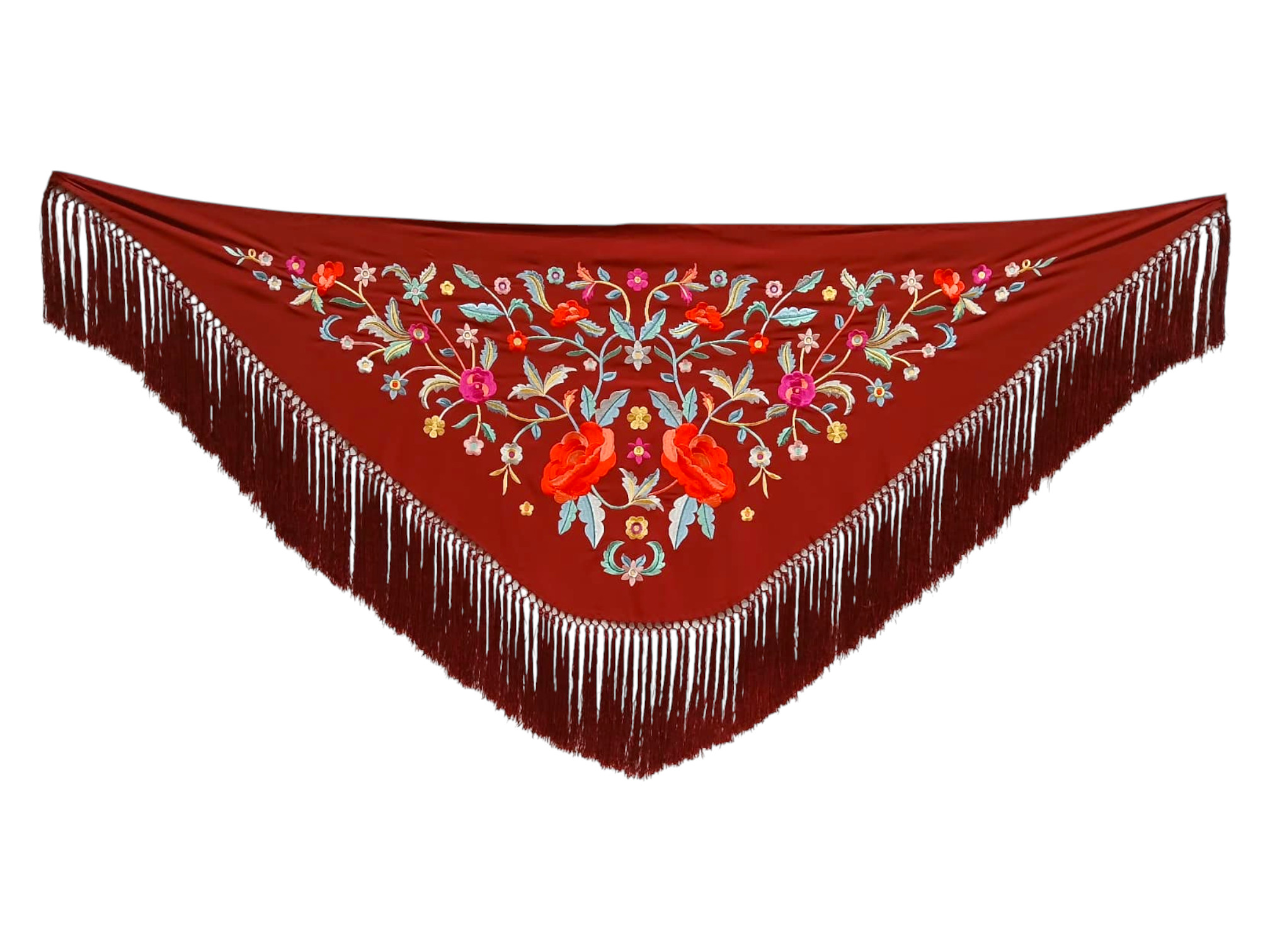 シルク製の手作りフリンジ付きの刺繍されたフラメンコショール