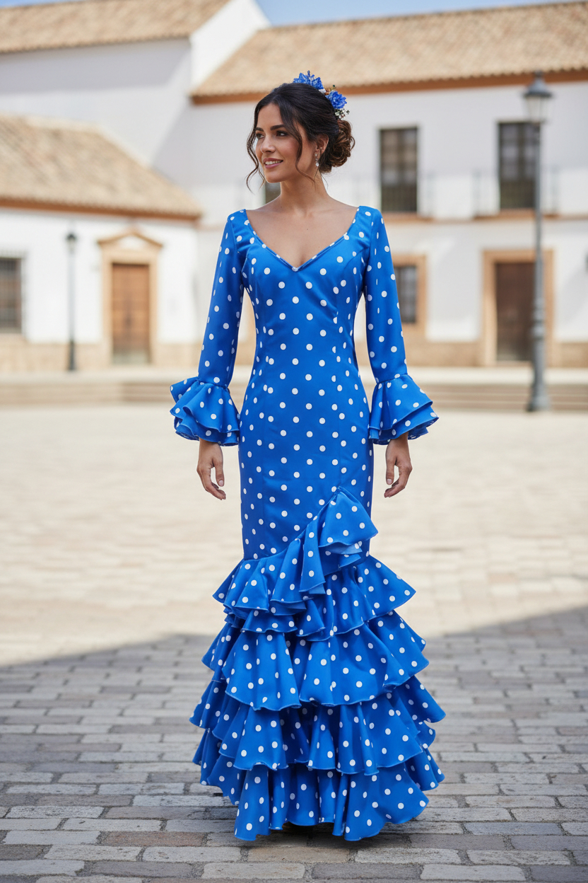 Talla 50. Vestido de Flamenca Modelo Lolita. Azulón lunar blanco mediano