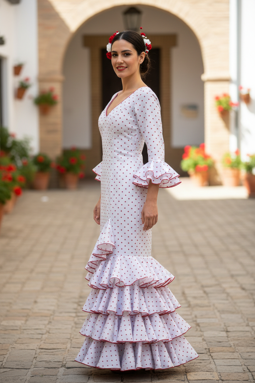 Talla 38. Vestido de Flamenca Modelo Lolita. Blanco lunar rojo pequeño