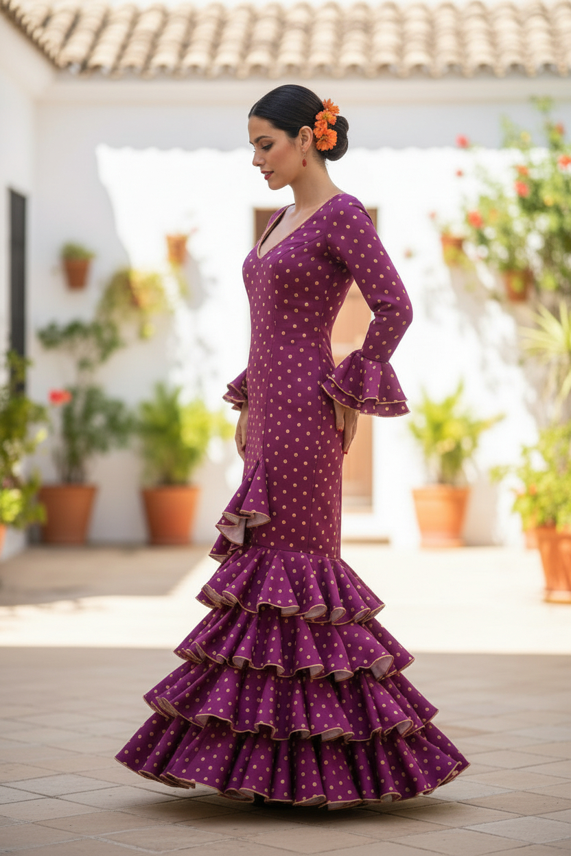 Talla 40. Vestido de Flamenca Modelo Lolita. Buganvilla lunar naranja