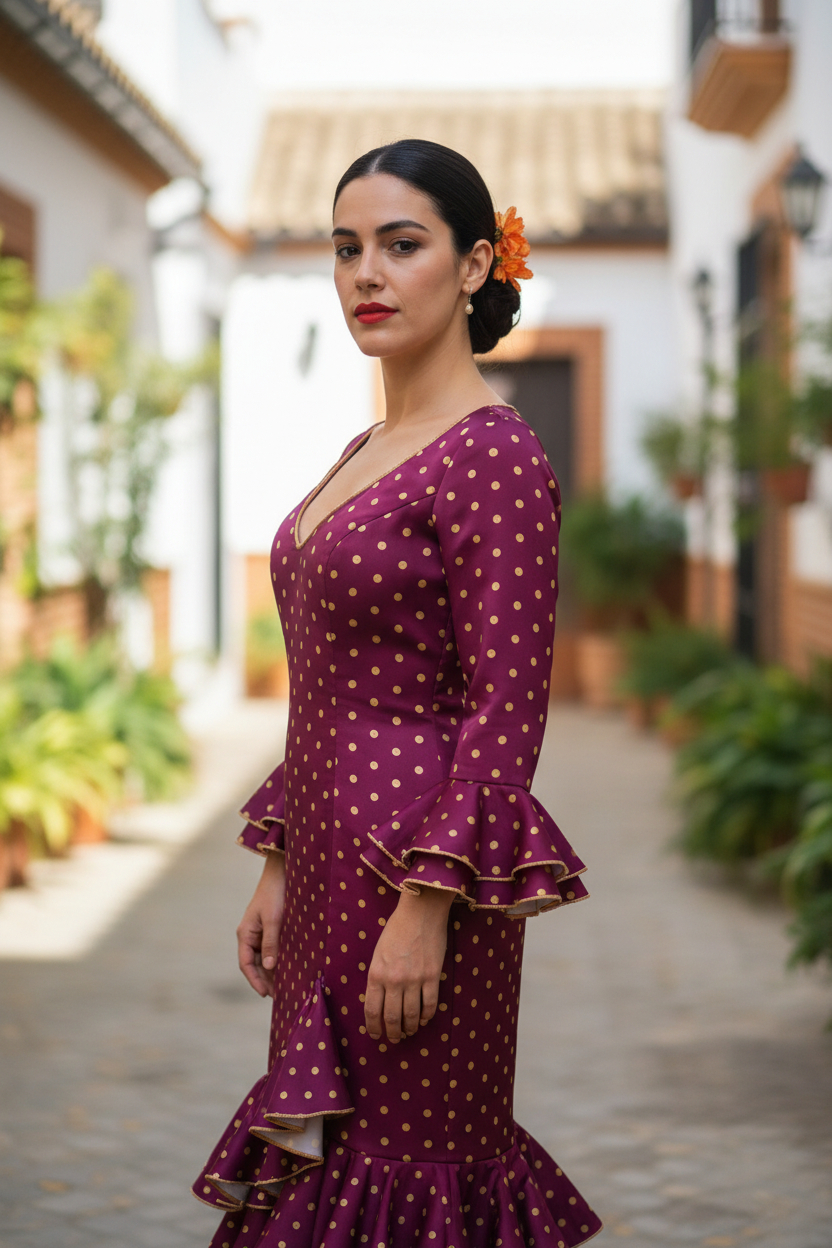 Talla 38. Vestido de Flamenca Modelo Lolita. Buganvilla lunar naranja