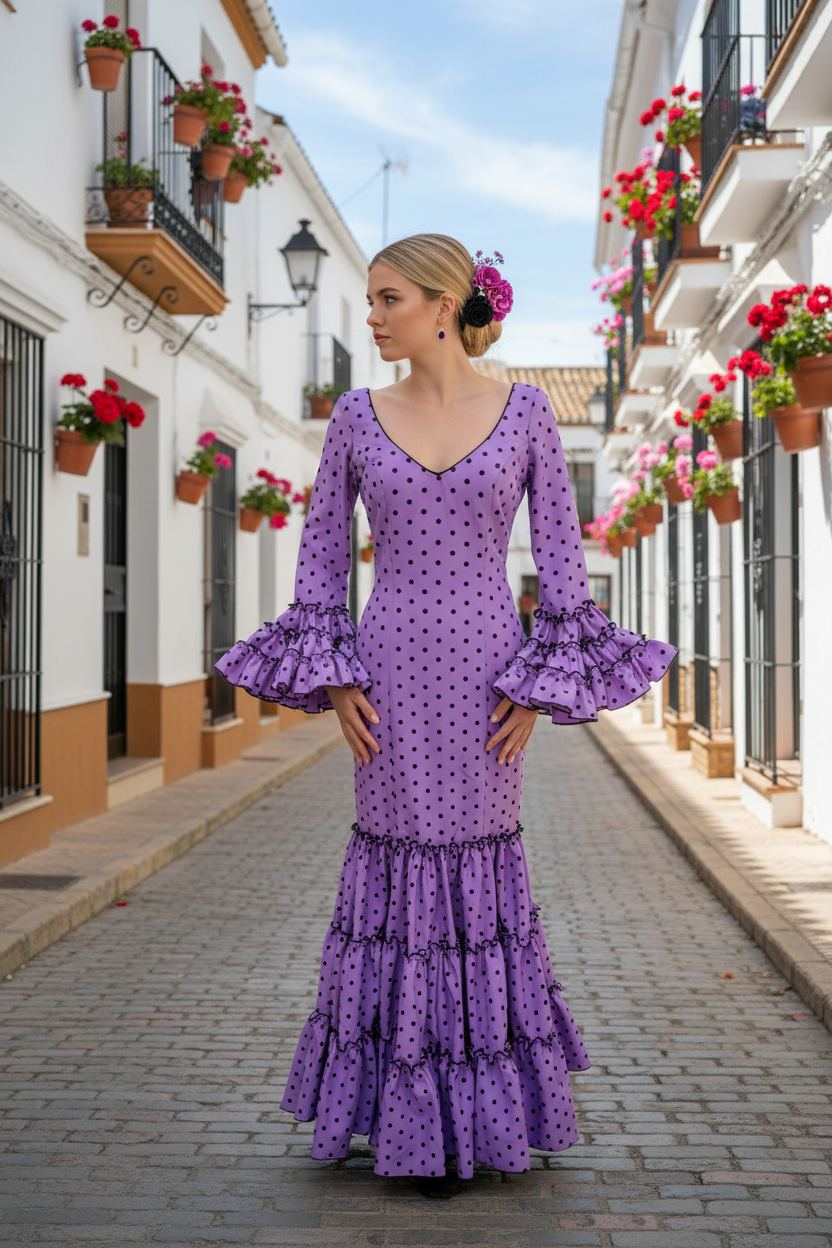 Talla 44. Vestido de Flamenca Modelo Córdoba. Malva Lunar Negro