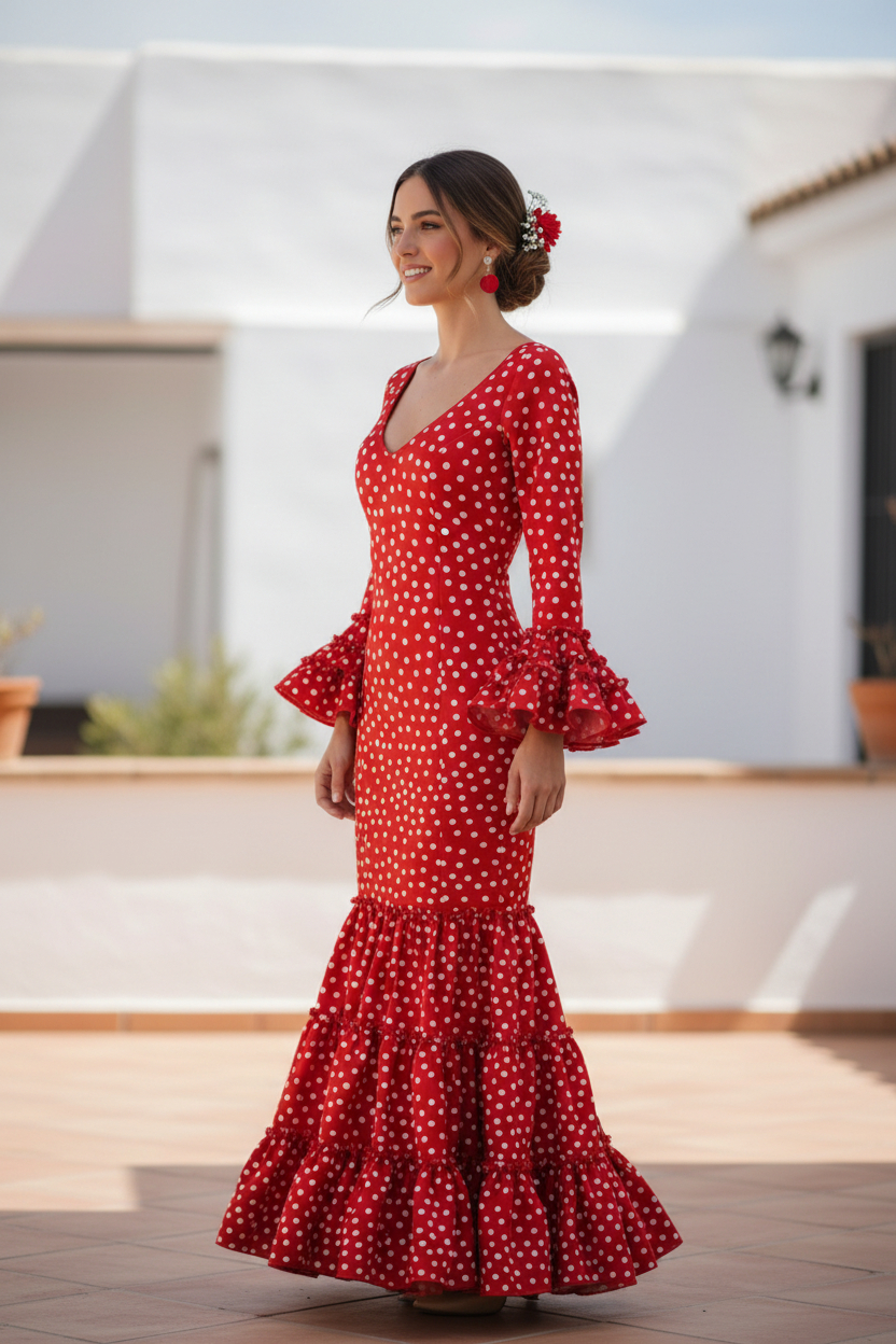 Talla 34. Traje de flamenca Modelo Córdoba. Rojo con Lunares Blancos