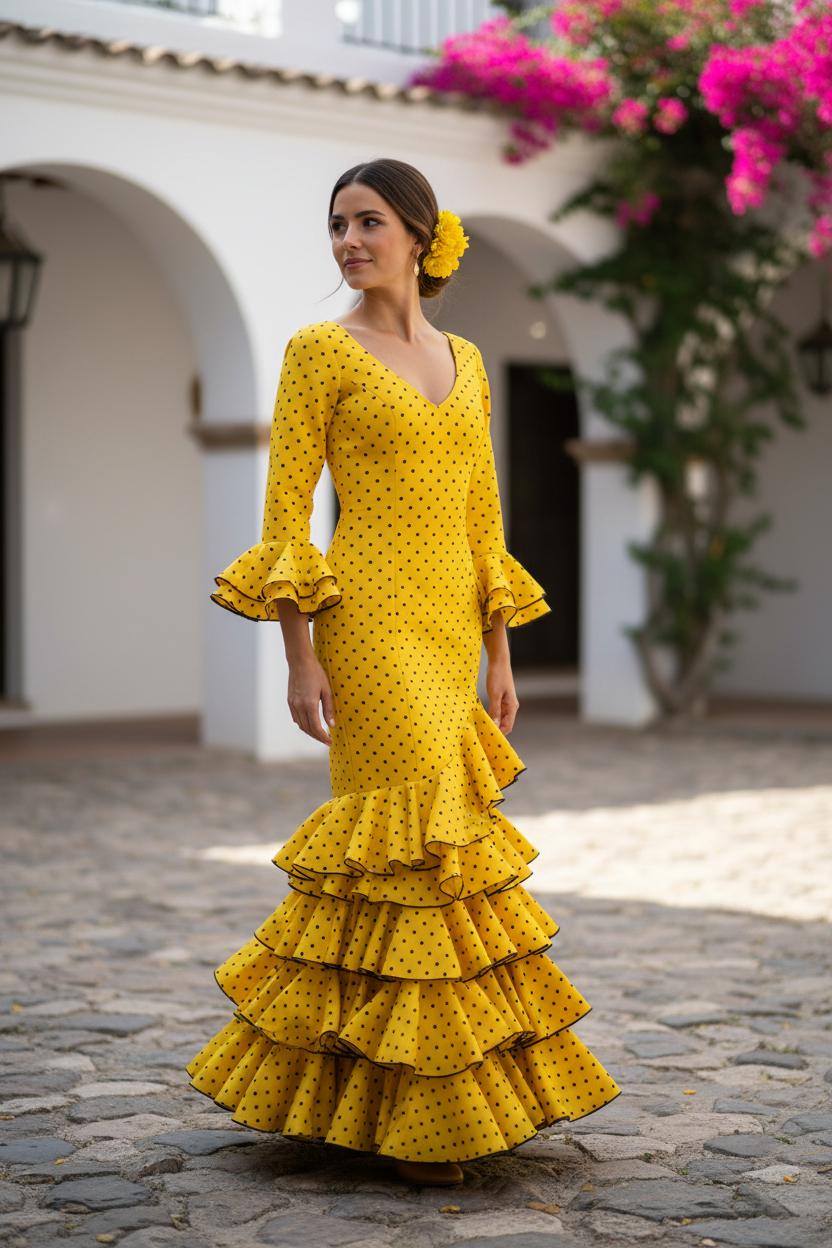 Taille 42. Robe Flamenco Modèle Lolita. Jaune lunaire Noir