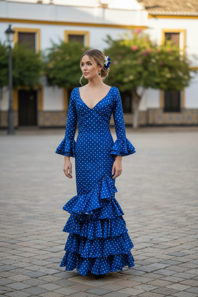 Talla 36. Vestido de Flamenca Modelo Lolita. Azulón lunar blanco pequeño