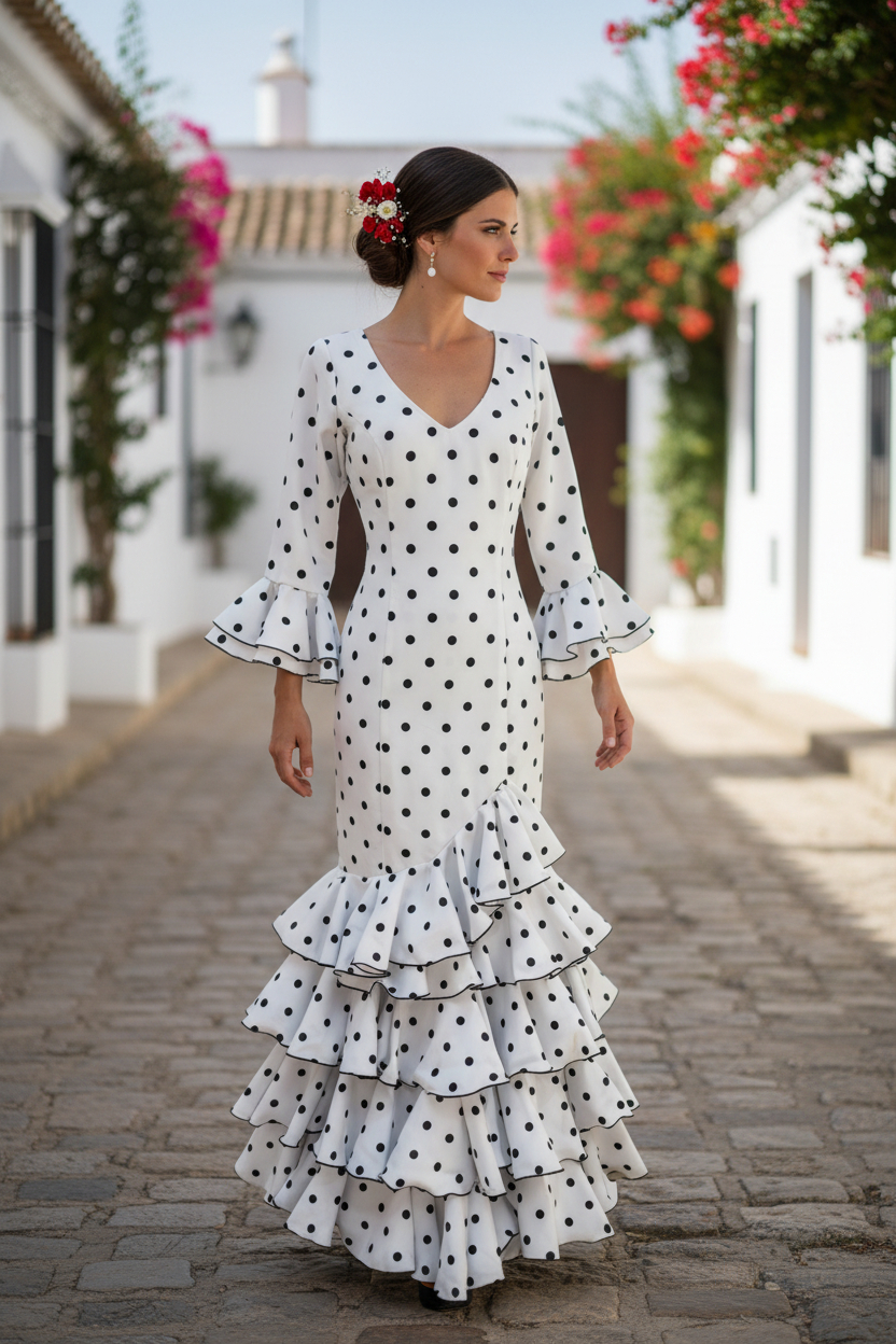 Talla 48. Vestido de Flamenca Modelo Lolita. Blanco lunares negros medianos