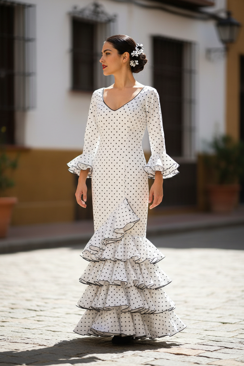 Talla 36. Vestido de Flamenca Modelo Lolita. Blanco lunar negro