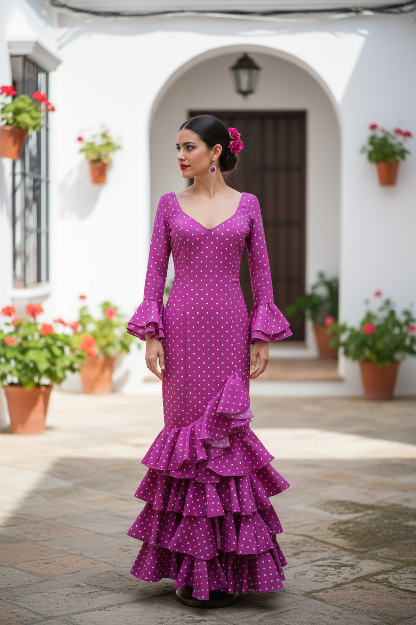 Talla 40. Vestido de Flamenca Modelo Lolita. Buganvilla lunar blanco