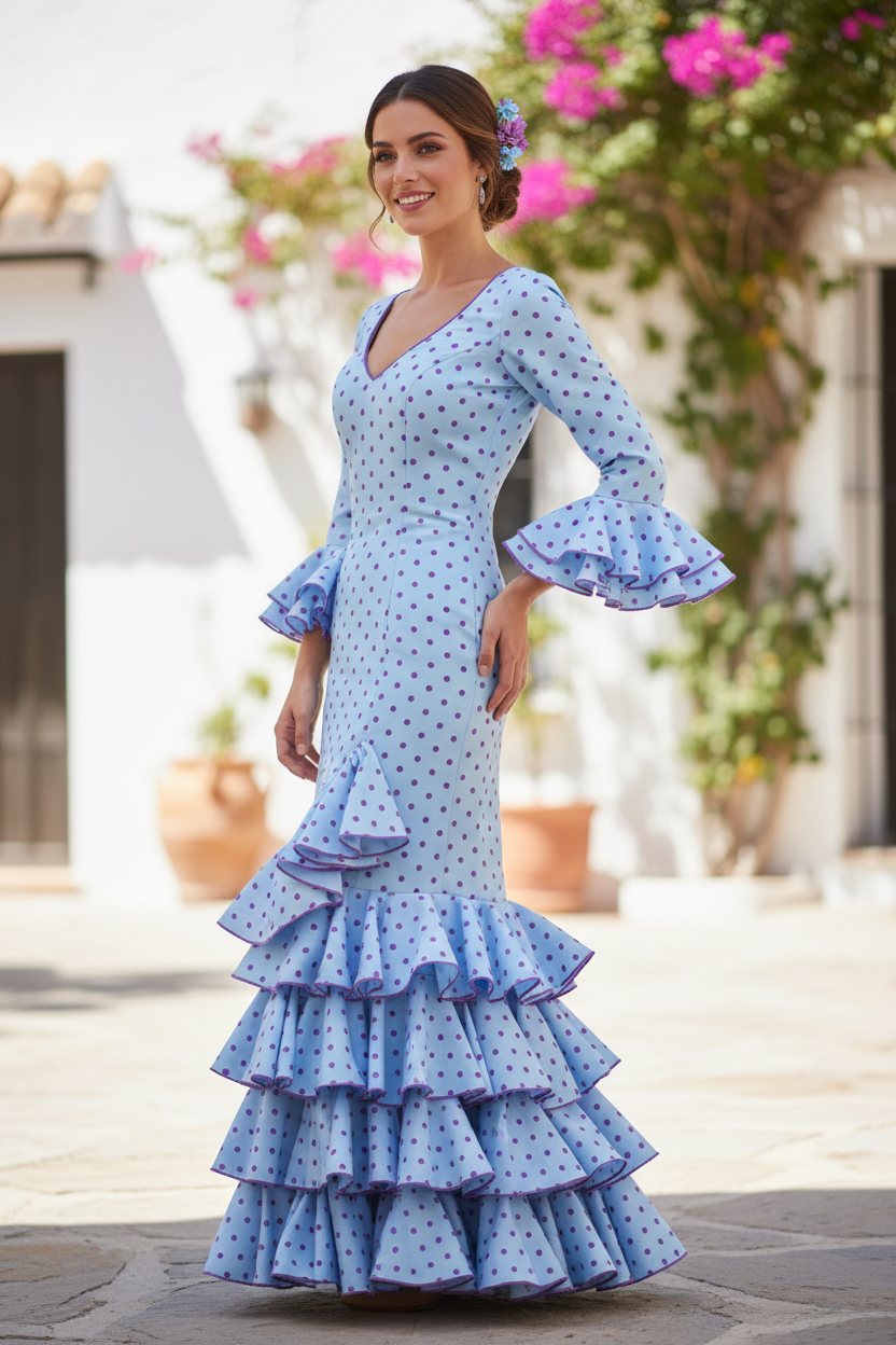 Talla 40. Vestido de Flamenca Modelo Lolita. Celeste lunar buganvilla