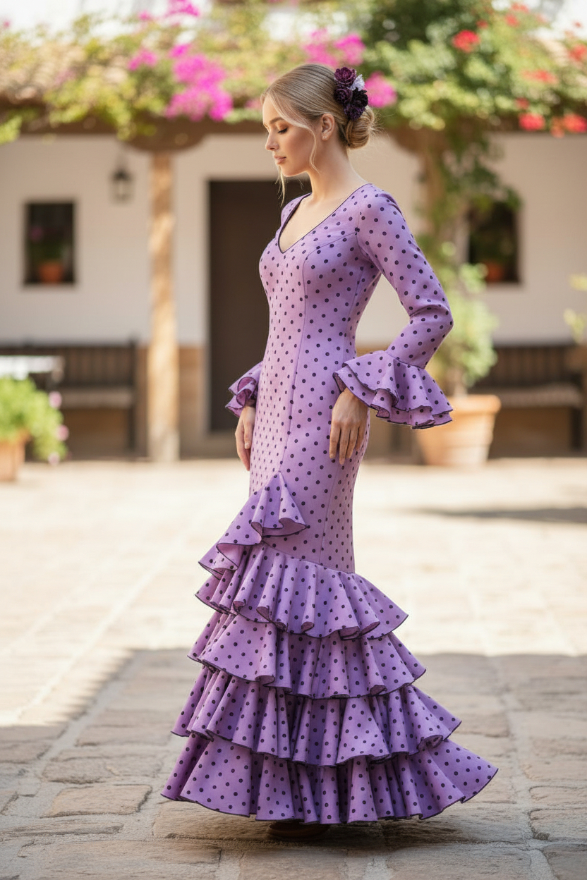 Talla 44. Vestido de Flamenca Modelo Córdoba. Malva Lunar Negro