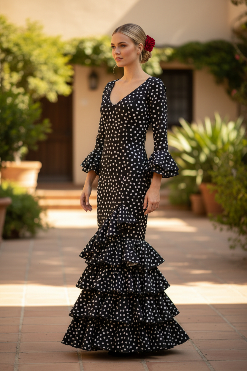 Talla 46. Vestido de Flamenca Modelo Lolita. Negro lunar blanco pequeño