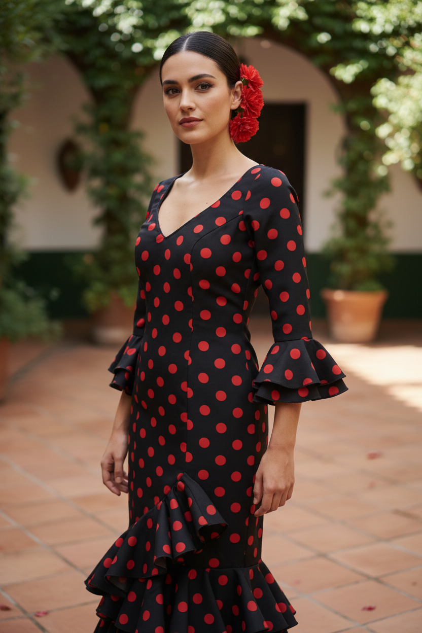 Talla 38. Vestido de Flamenca Modelo Lolita. Negro lunar rojo grande