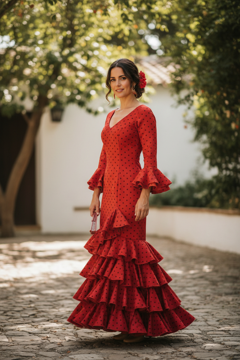 Talla 48. Vestido de Flamenca Modelo Lolita. Rojo lunar bitónico