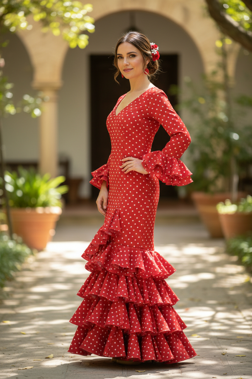 Talla 38. Vestido de Flamenca Modelo Lolita. Rojo lunar blanco pequeño