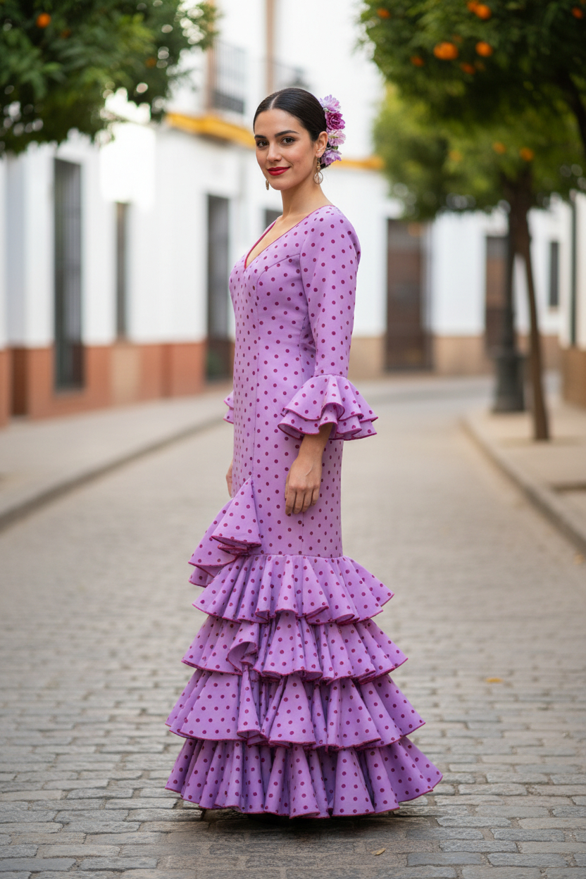 Talla 46. Vestido de Flamenca Modelo Lolita. Malva lunares buganvilla