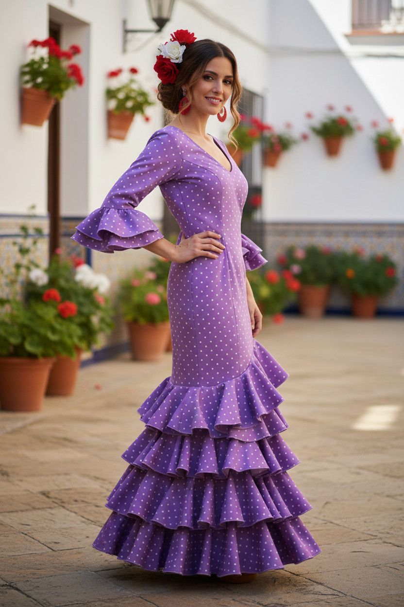 Talla 42. Vestido de Flamenca Modelo Lolita. Malva lunares blancos