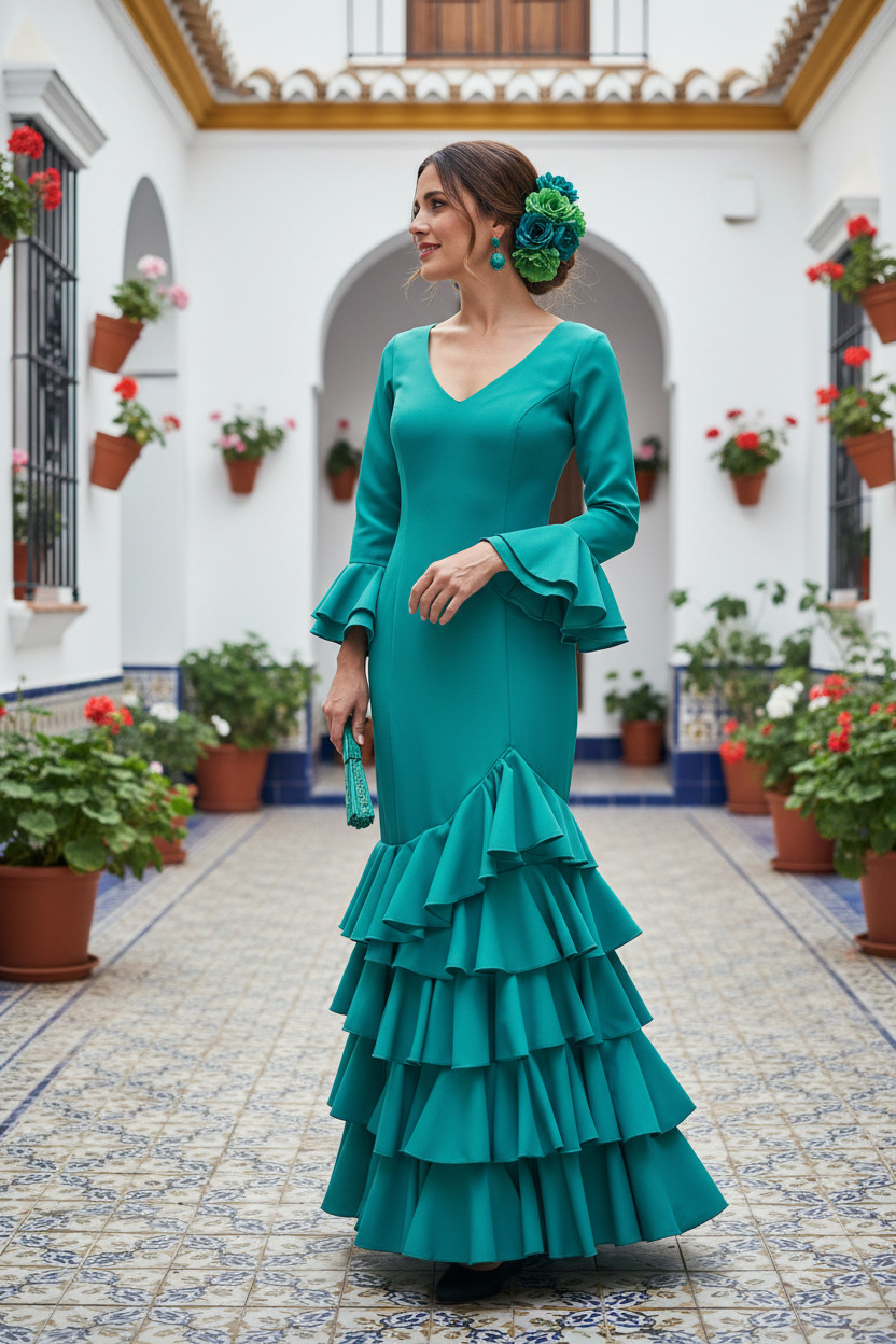 Talla 40. Vestido de Flamenca Modelo Lolita. Verde Agua