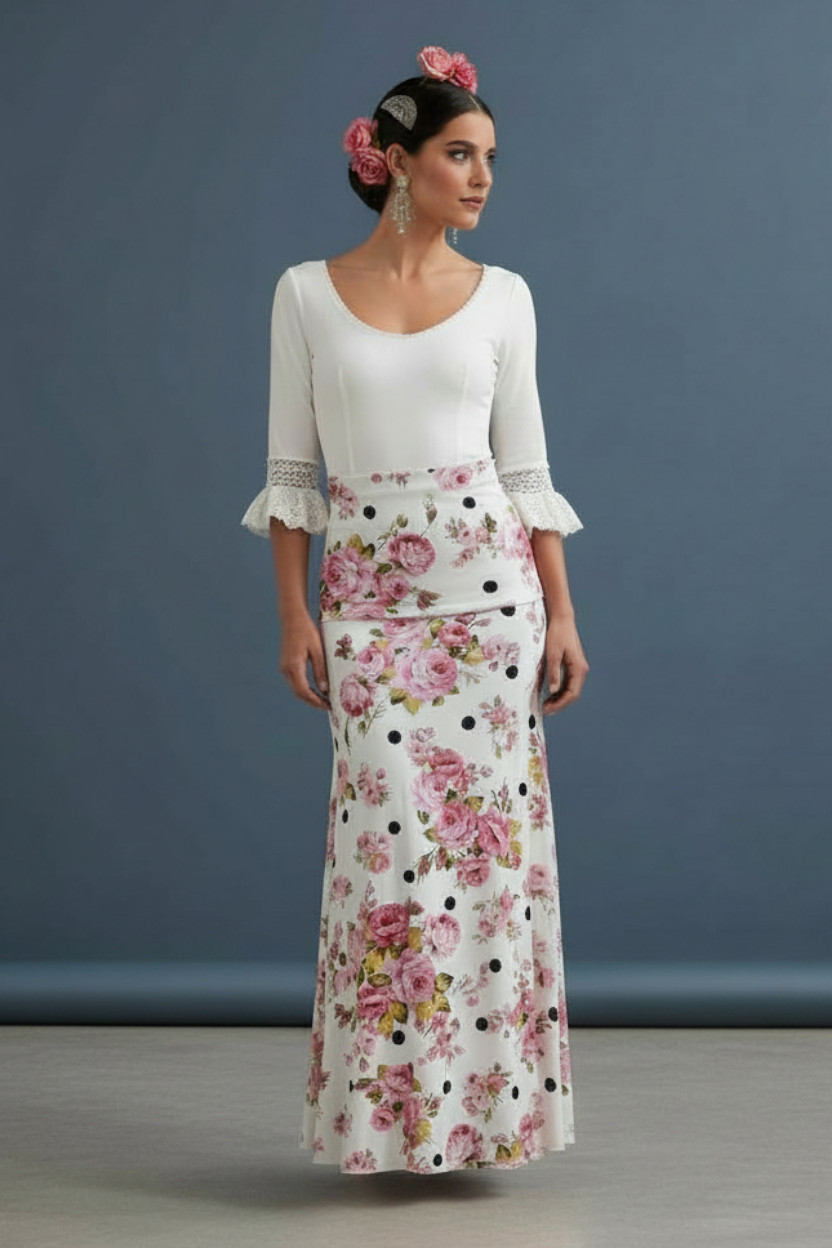 Jupe Flamenca Imprimée de Fleurs Roses et de Pois Noirs