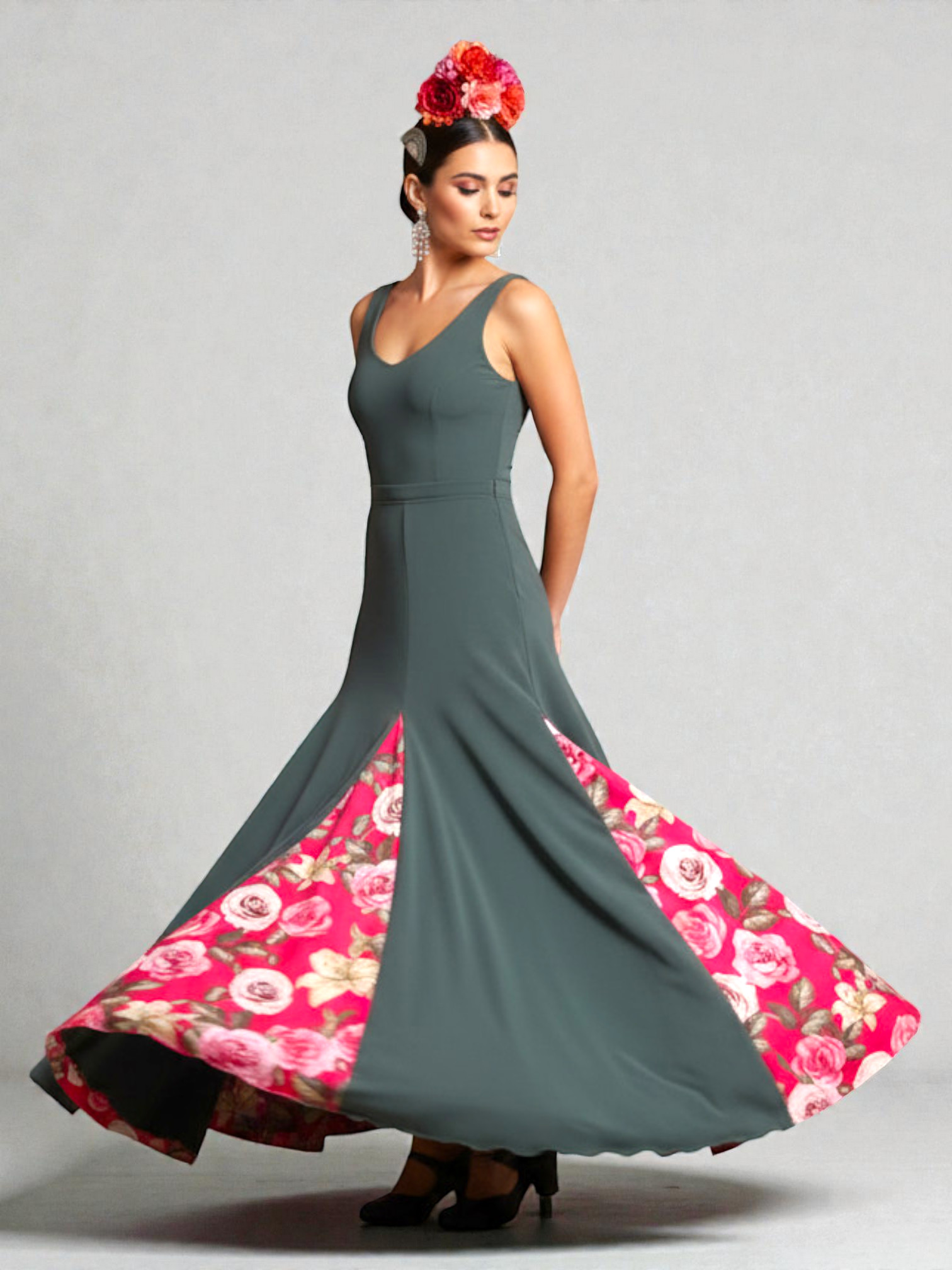 Falda Flamenca Modelo Cala Verde con 6 Godets Estampados