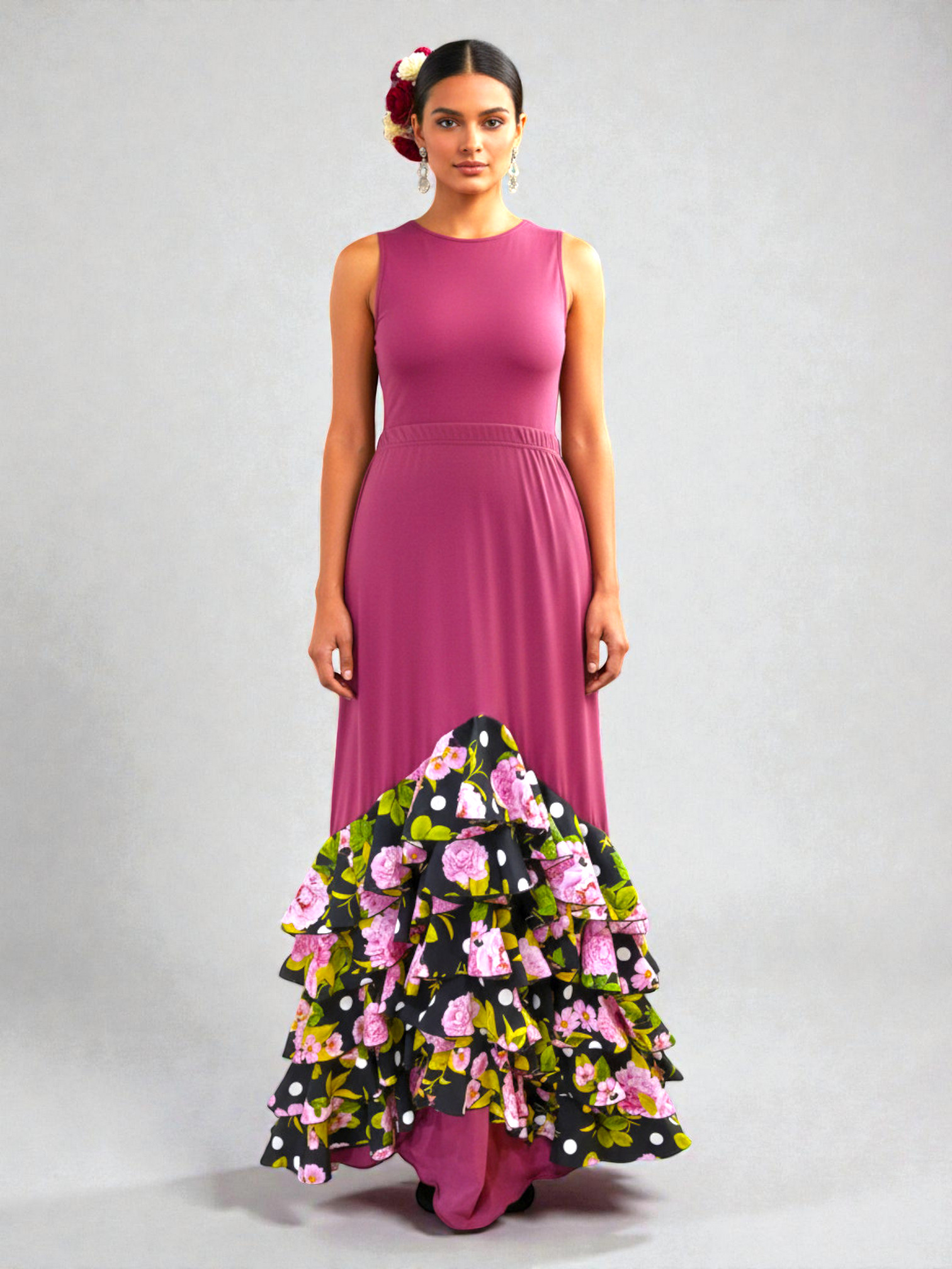 Falda para Baile Flamenco Modelo Vega. Estampado Flores Rosas y Hojas Verdes con Lunares.