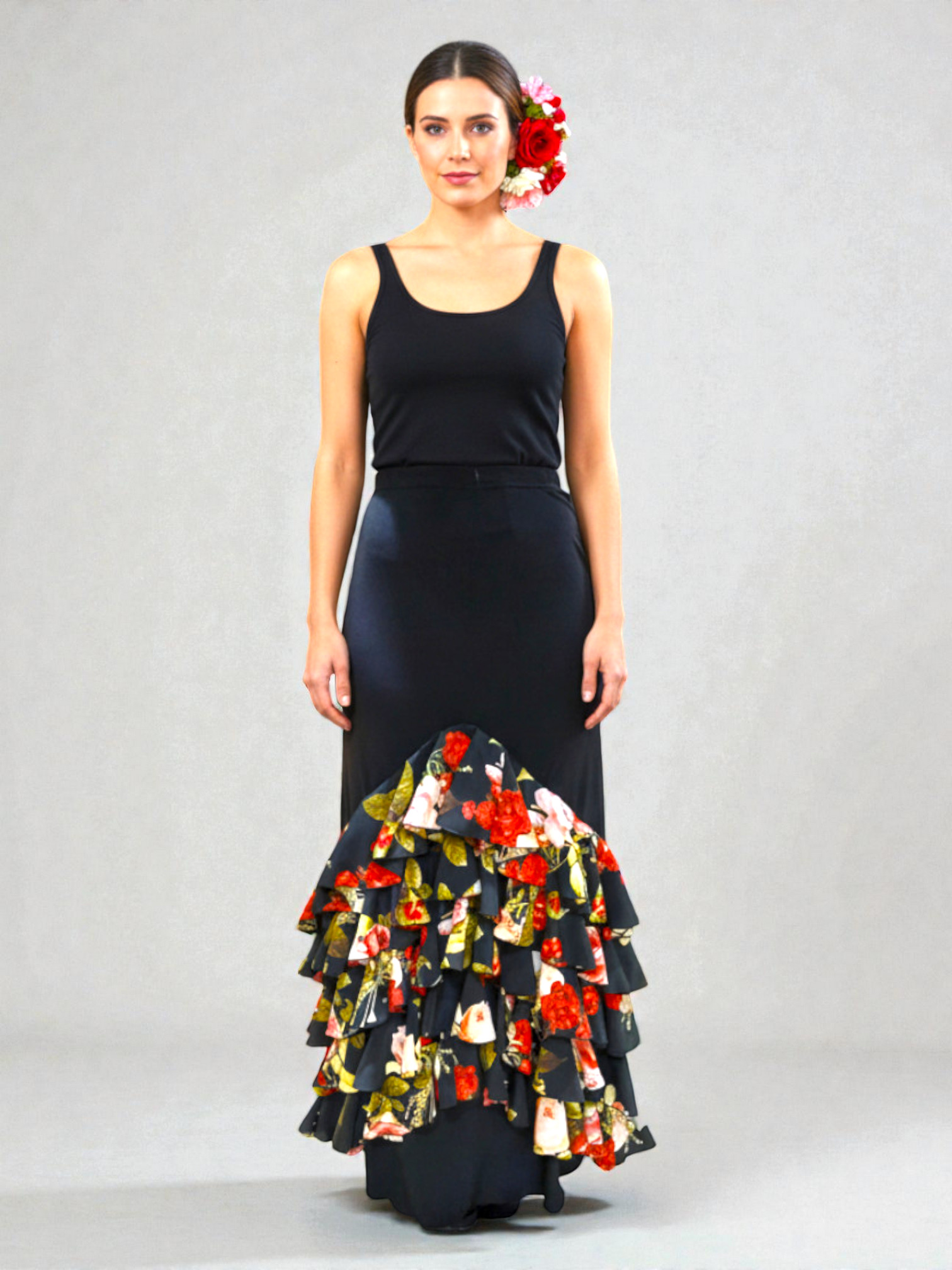 Falda para Baile Flamenco Modelo. Vega. Negra con Estampado Flores Beige y Rojas