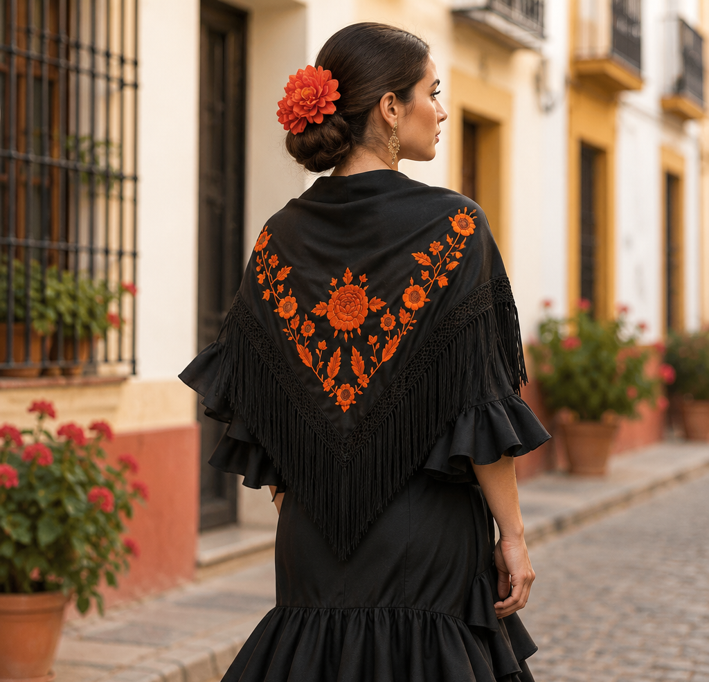 Mantoncillo Negro con Bordado Naranja. Vitalidad Flamenca Hecha Arte