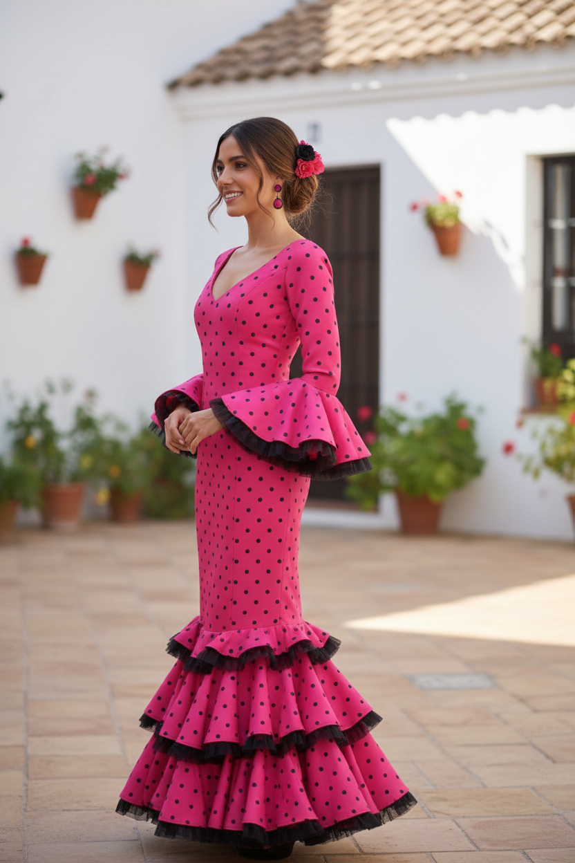 T 42. Trajes de Flamenca. Larimar Fucsia Lunar Negro