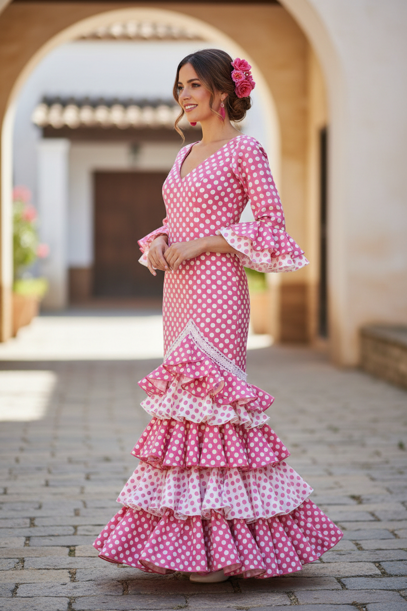 Talla 46. Traje de flamenca outlet Alegría fucsia lunares blancos