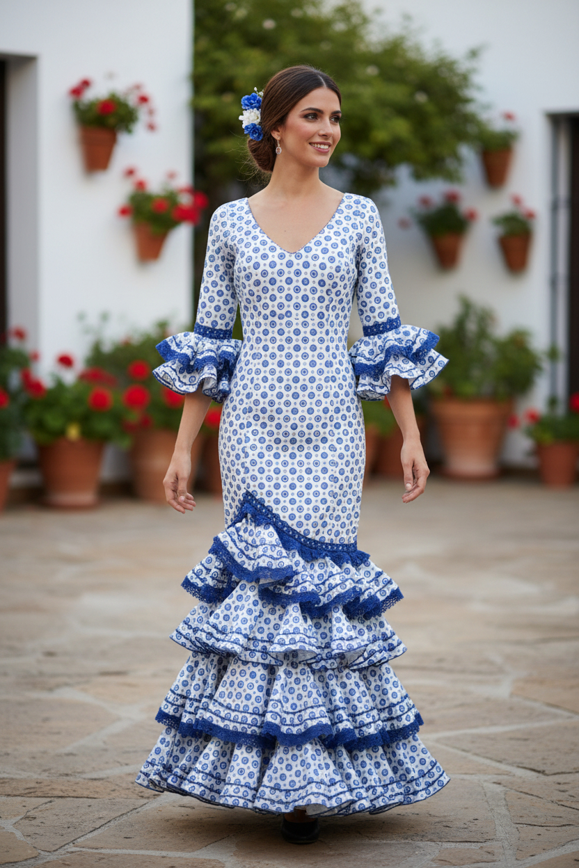 Talla 44. Traje de flamenca barato modelo Aurora blanco con tonos azules