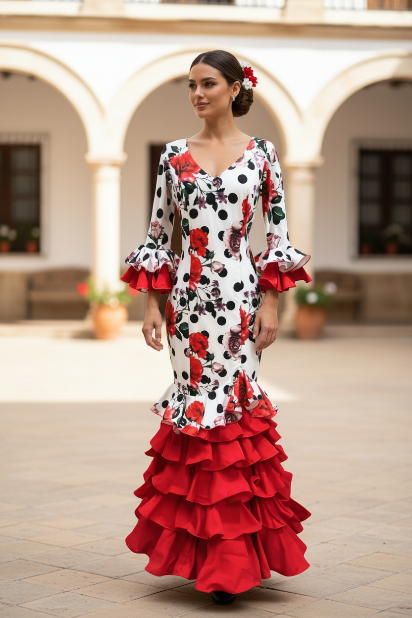 Talla 40. Traje de flamenca Delicia blanco estampado con volantes rojos