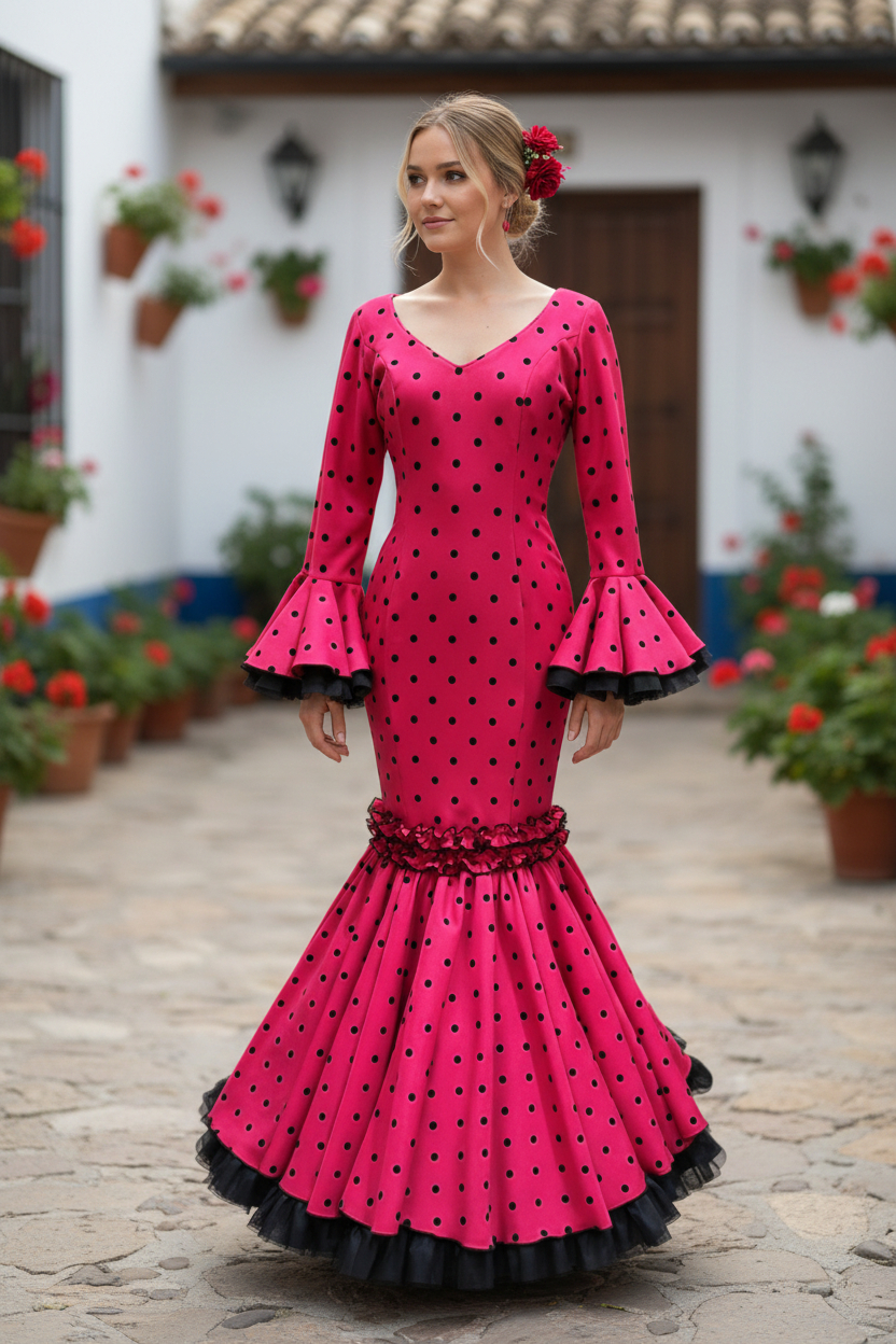 Talla 38. Traje de flamenca Iris buganvilla con lunares negros flocados