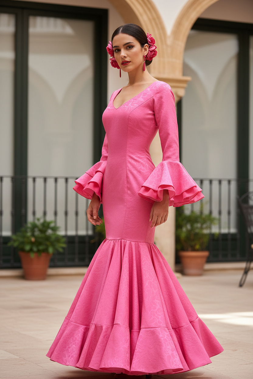 Talla 40. Traje de flamenca Macarena fuxia jacquard damascado