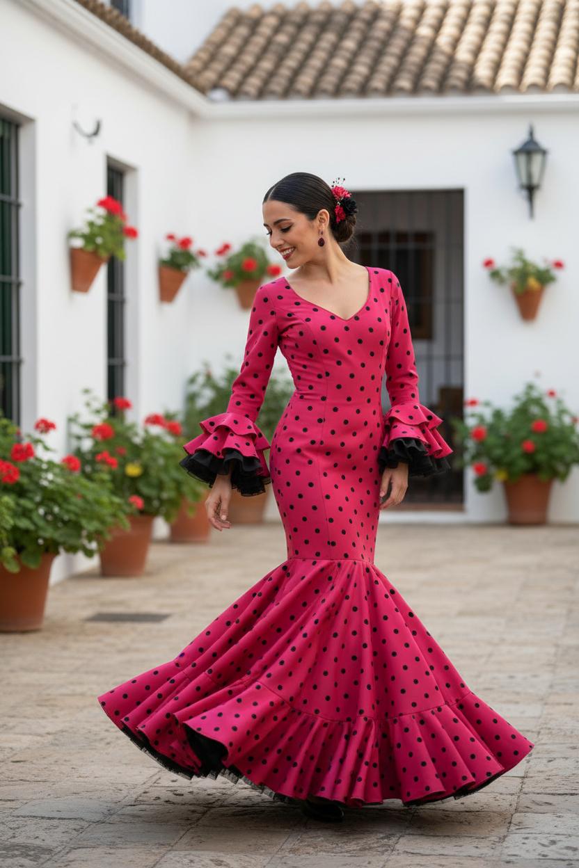 Talla 40. Traje de flamenca Macarena buganvilla con lunares flocados negros