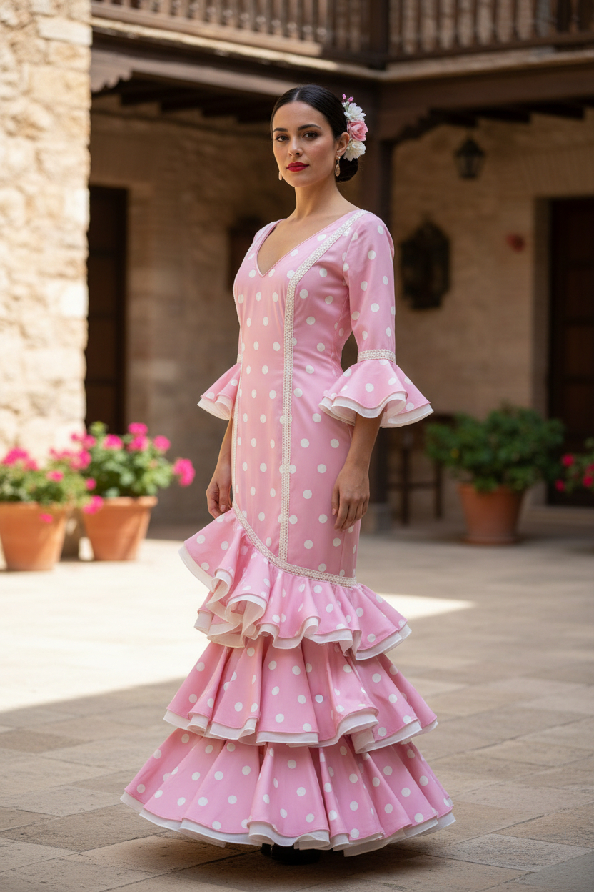 Talla 44. Traje de flamenca barato modelo Roce rosa lunares blancos