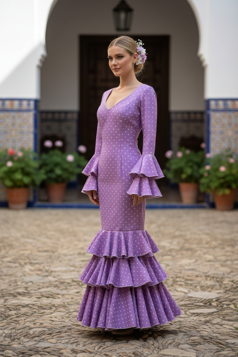 Talla 40. Traje de flamenca Saeta malva lunares blancos