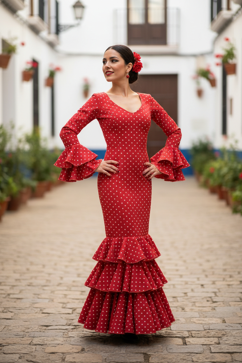 Talla 40. Traje de flamenca Saeta rojo lunares blancos