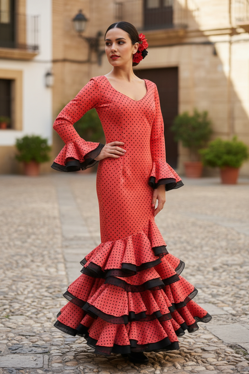 Talla 40. Traje de flamenca Sarita coral lunares negros