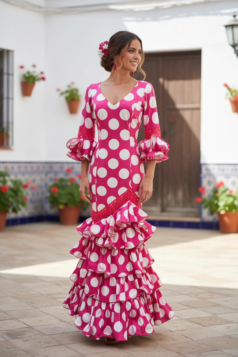 Talla 44. Traje de flamenca económico Tanguillo fuxia lunar blanco