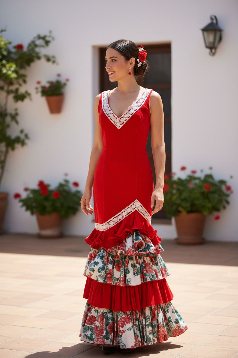 サイズ38。ストラップ付きの赤いベルディアレスフラメンコドレス