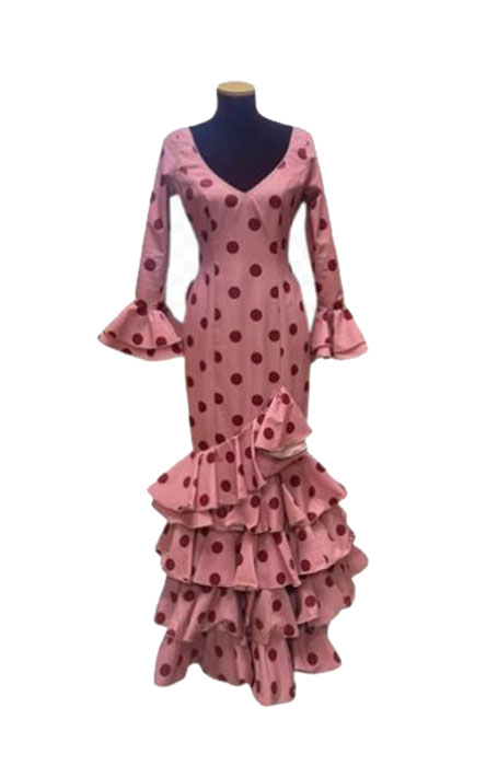 Taille 36. Robe de Flamenco Modèle Lolita. Rose Pâle à Pois Grenat.