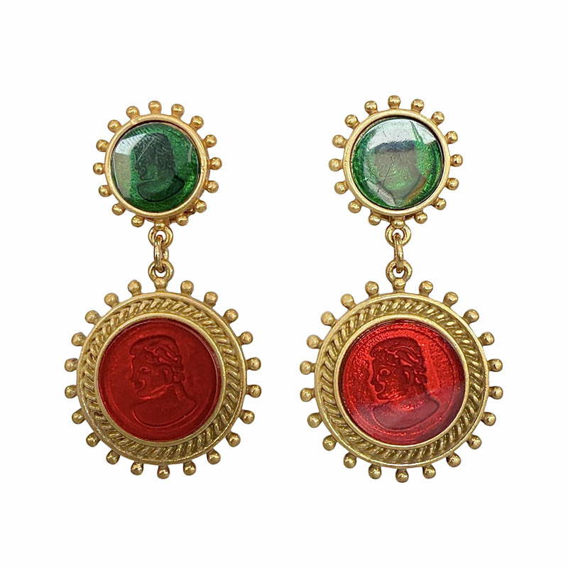 Green and Red Etruscan Earrings. Classic Style with a Flamenco Touch