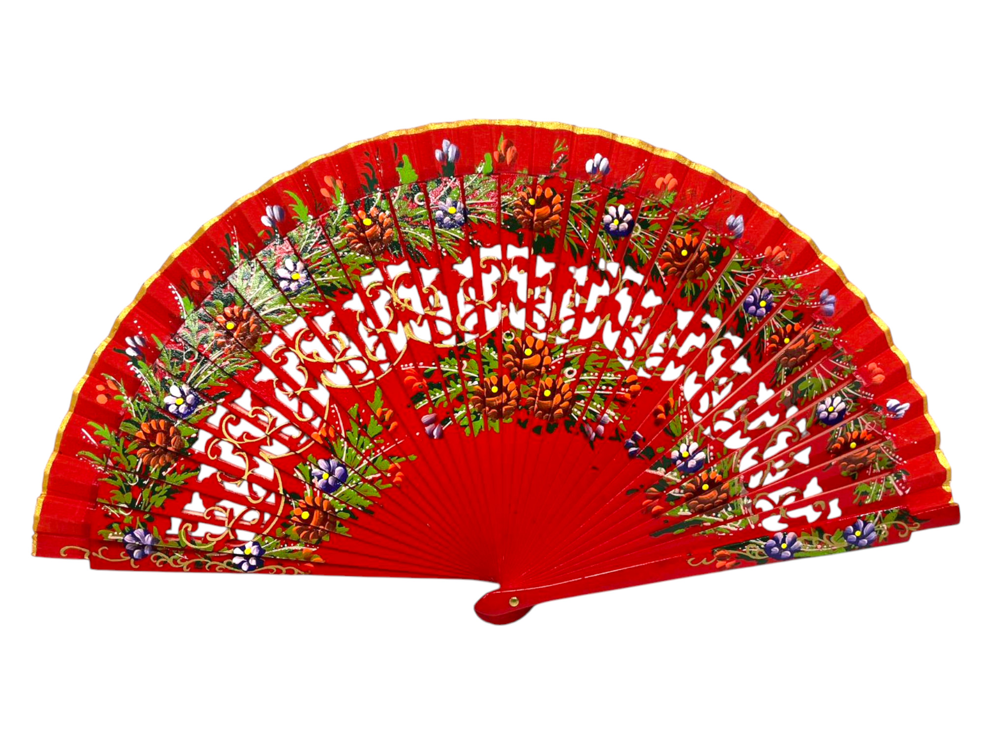 Abanicos Rojos de Madera con Flores Pintadas  Economicos para Eventos. Ref. 1139
